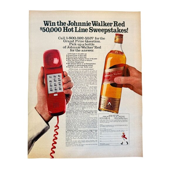 Vintage 1984 Johnnie Walker Red Whiskey Sweepstakes Telephone Ad Print - Picture 1 of 3